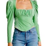 Free People  Hold‎ Me Green Velvet Puff Sleeve Square Neck Top Women's Small Photo 0