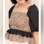 Anthropologie La Ven Smocked Bodice Blouse in Tan & Black Speckle Print - Size M Photo 0