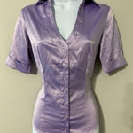Camaieu Women's Lilac Satin Button Down Short Sleeve Shirt Blouse Size XS Purple Photo 0