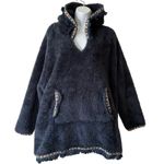 Natural Life  Cozy Fuzzy Poncho Hoodie One Size Blue‎ Aztec Trim Fringed Cozy Photo 0