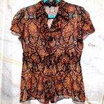 Etcetera  100% Silk Boho Brown Mixed Pattern Ruffle Sheer Blouse, size 8 Photo 0