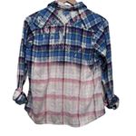 Women’s Hand bleached plaid farmhouse festival fall flannel shirt Blue Size M Photo 3