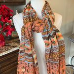 Colorful Scarf Earth Tones Aztec Lightweight Coral Brown Yellow Green Orange Photo 4