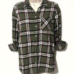 EXPRESS Boyfriend plaid flannel button down long sleeve shirt green white Photo 0