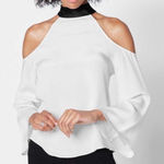 Ramy Brook  White Cold Shoulder Mock Neck Tie Back Bell Sleeve Blouse Top M Photo 0