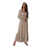 Khaki Boho Festival Maxi Dress Square Neck Ruffle Hem Size Large Tan Photo 13