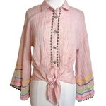 Ivy Jane  zig zag trim bell sleeve tie front top pink Sz S Photo 0