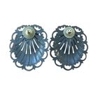 VTG Large Silver Scrolled Pierced Earring Faux Black Onyx Art Deco 70’s Costume Photo 4