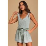 Lulus NWOT Perfect Lazy Day Sage Green Sleeveless Drawstring Lounge Romper Small Photo 1