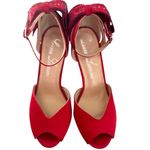 Lauren Lorraine  Red Satin & Crystal Embellished Bow Ankle Strap Heels Photo 1