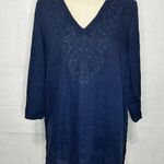 Saint Tropez West  Navy Blue Embroidered 100% Linen Tunic V-Neck Sz M Photo 0
