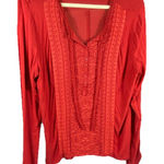 Democracy  Embroidered‎ Women Peasant Top XL Roll Tab Sleeves Red Cottage Stretch Photo 0