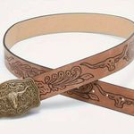 Western Bull Head Buckle Plus Size Belt Vintage Style Faux Leather Embossed 1XL‎ Brown Photo 3