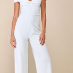 Lulus NWT  Stunning Existence White Off-the-Shoulder Knot-Front Jumpsuit Size L Photo 0