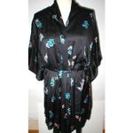 Natori NWT New Designer Short Wrap Robe Womens L Silky Satin Flowers Black Lace Photo 5