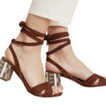 Anthropologie Tabitha Open Toe Heels Aztec Print Suede Brown Ankle Wrap Size 38 Photo 0