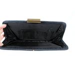 Vintage 1960s Navy Slubbed Linen Clutch Gold Lever Closure Textured Fabric Blue Photo 6