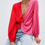 ASOS NWT ‎ Color Block Twist Front Long Sleeve Blouse Top Red Pink Womens Size 14 Photo 0