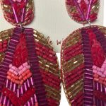 NWT KAY LEE NEW YORK Earrings Red Pink Gold Dangle Beaded Statement Oval Boho Photo 2