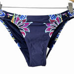 Trina Turk  Women's Navy Floral Bikini Bottom Size 10 Side Strap Gold Accent Swim Photo 0