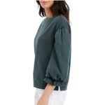Wonderly  Knit Woven Mix Pullover Top Puff Sleeve Women's Medium Green Preppy Photo 2