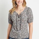 Maurice's 🦋  Floral Short Sleeve Puff Sleeve Blouse T-Shirt Large Lace Up Top Photo 0