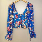 Urban Outfitters NWT  Topanga Button Front Cropped Blue Floral Ruffle Blouse Top Photo 3