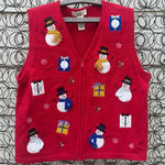 Vintage 90s Bechamel Ugly Christmas Sweater Vest Snowmen Presents Zip Up LARGE Red Photo 0