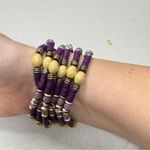 Vintage Purple Yellow Wood & Glass Beaded Stretch Bracelet Silver Tone Metal Photo 8