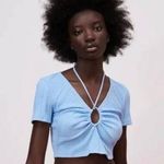 ZARA Blue Ribbed Drawstring Cut Out Cropped Top ~ Women's Shirt Size MEDIUM Photo 0