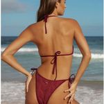 BERLOOK Burgundy Crochet Halter Triangle TOP AND Burgundy Crochet Tie Bottom 52 Red Size XS Photo 2