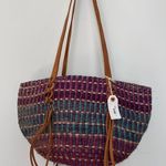 NWT Handwoven Purple & Teal Boho Retro Tote Bag with Leather Straps tassels Photo 0