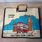 Greetings From London Big Ben Bus Souvenir Tote Bag Wooden Handle Retro Travel Tan Photo 1