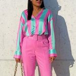 ZARA  7885/138 Barbiecore Satin Pink Seafoam Green Striped Button-down Shirt XS Photo 2