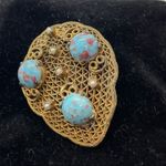 Vintage Art Deco Gold Filagree Antique Pearl Dress Fur Clip, Double Prong Pin Photo 6