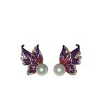 Enamel Butterfly purple pink Gold faux Pearl Earrings Fairy core fancy Glam Photo 1