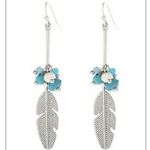 Boutique NWT Riah Silver Tone Feather, Stone, Pearl Bead Dangle Pieced Earrings Photo 1