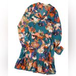 NEW Deep Turquoise Abstract Multicolor Print Belted Ruffle Satin Mini Dress Size XL Photo 8