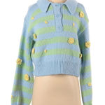 ZARA Blue Yellow Stripe Floral Embroidered Knit Polo Sweater - S Photo 0