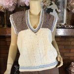 VINTAGE 1980'S BROWN, CREAM & BLUE SLEEVELESS V NECK SWEATER VEST (L) Brown Size L Photo 0