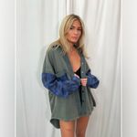 POL P.O.L. French Terry Oversized Shacket in vintage moss/blue plaid flannel western Photo 4
