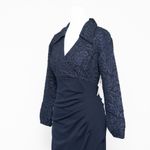 XScape  - Navy Floral Jacquard Long Sleeve Evening Gown Photo 7