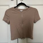 Garage light brown/tan double zip up ribbed casual short tee shirt Photo 0