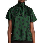 ZARA  Womens Blouse Size Medium Silky Polka‎ Dot Bow Necktie Green Black NEW Photo 0