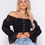 NWT Parisian Off Shoulder Ruched Sheer Top Womens 8 Black Romantic Coquette Size 4 Photo 0