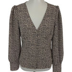 Lulus  Beige Black Polka Dot Blouse Long Sleeve Deep V Neck Lightweight Top M Photo 0