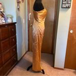NWOT gold satin one shoulder prom dress with bow on shoulder back slit size 8 Photo 3