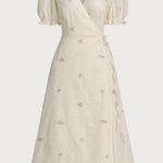 Rihoas Beige Embroidery Puffed Sleeve Wrap Midi Dress Size M Photo 6