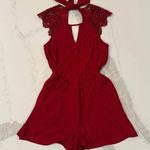 EXPRESS Open Back Lace Romper Women’s Size 0 Burgundy Red Pockets Tie Back Sexy Photo 0