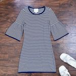 Sail To Sable • Striped Bell Sleeve Dress sweater knit mini navy blue white Photo 1